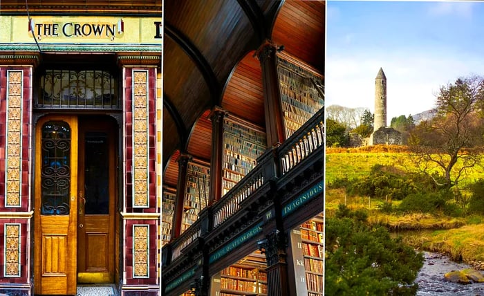 Left: the tiled entrance to a pub named The Crown; center: an elegant room lined with books; right: an ancient stone tower set in a rural landscape.