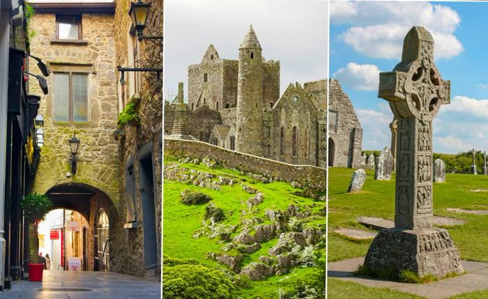 Left: a historic medieval street; center: a castle perched on a hill; right: an ancient gravestone