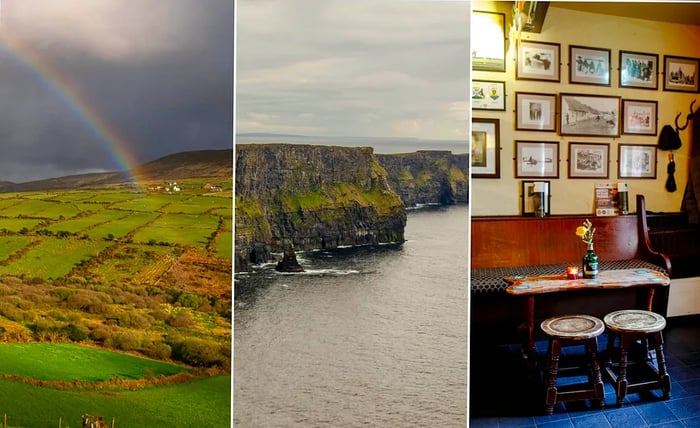 Left: Lush fields with a rainbow arching over green hills; center: majestic sea cliffs; right: the cozy atmosphere of a traditional pub.