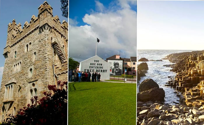 Left: a castle; center: a large mural stating 'You are now entering Free Derry'; right: hexagonal rock formations by the sea.