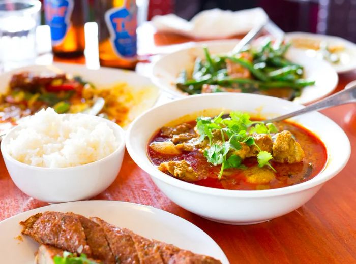 A vibrant array of dishes displayed on a table at Old Raffles Place.