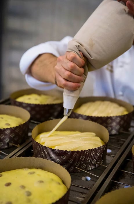 A baker skillfully uses a pastry bag to pipe cream onto the panettone dough.