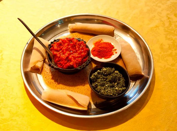 A dish of kifto served with spice mixes on the side, resting on a roll of injera on a metal platter.