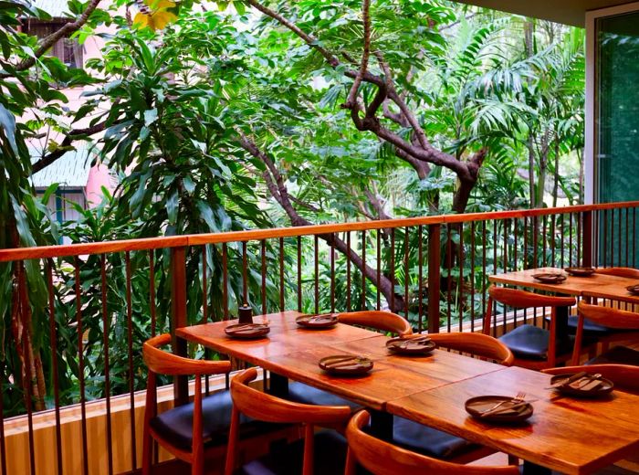 A six-person wooden table adorned with small plates, set against a backdrop of thick trees beyond a railing.