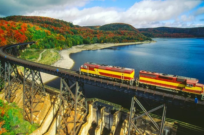 Aerial view of the train and railway line in Agawa Canyon, Ontario, Canada.