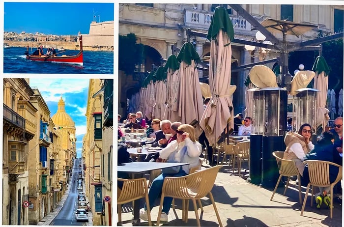 A glimpse of everyday life in Malta, showcasing people dining at cafés, gondolas gliding across St Julians Bay, and the charming backstreets of Valletta.