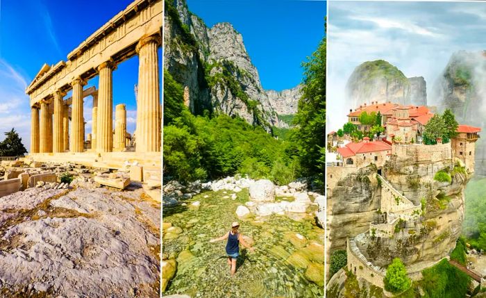 Left: The remnants of an ancient hilltop temple; center: A woman splashes through a river in a gorge; right: A hilltop monastery emerges from the mist.