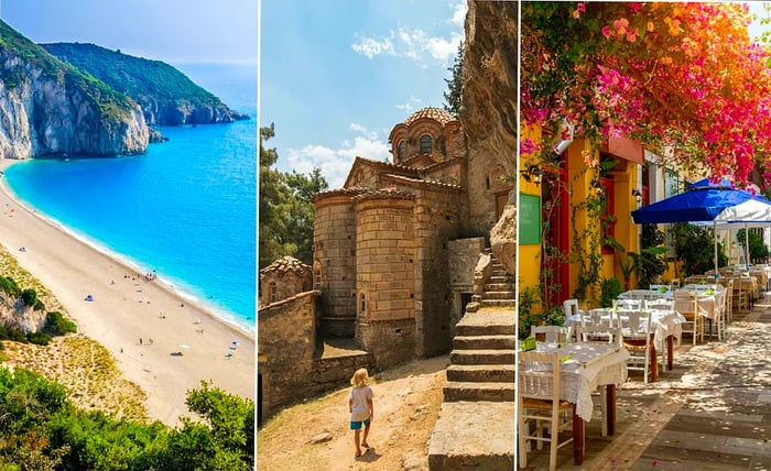 Left: a picturesque beach curve on an island; middle: a child explores the walls of a historic town; right: a street adorned with restaurant tables and chairs.