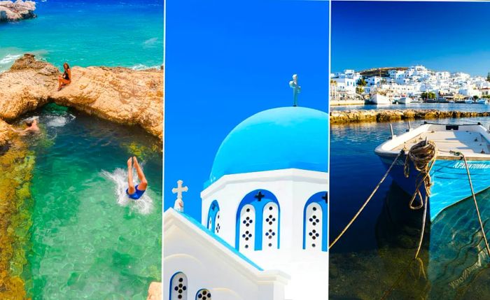 Left: a diver plunging into a natural sea pool; center: a blue-domed church; right: a small boat moored in a harbor