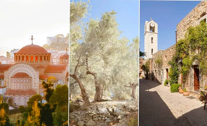 Left: a domed church in a city; middle: an ancient olive grove; right: a quaint village street with a large bell tower