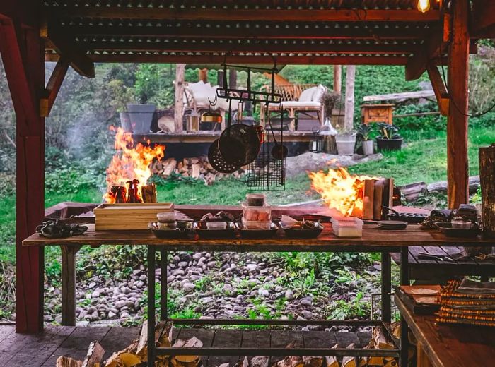 Several wood fires crackle near an outdoor kitchen where pots dangle from the rafters, awaiting their turn to be cooked.