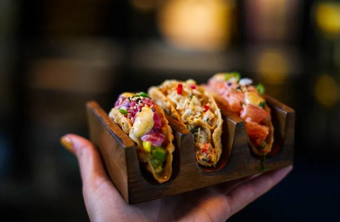 A hand presents a small platter featuring three tacos, each filled with a variety of fish combinations.