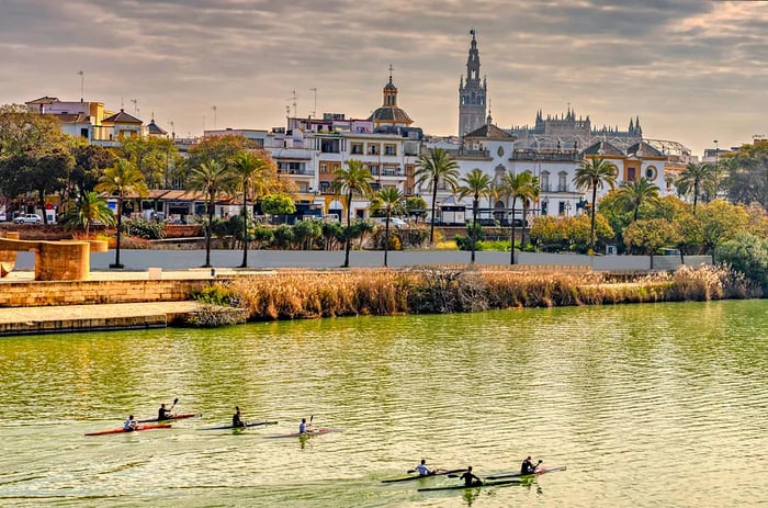 Kayakers glide along a palm-fringed river, with a Gothic bell tower visible in the background.