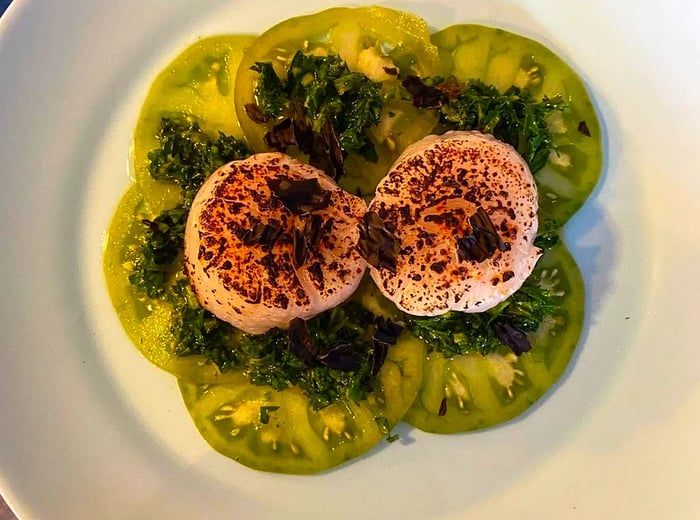 Aerial view of two large mussels served atop a bed of green tomatoes.