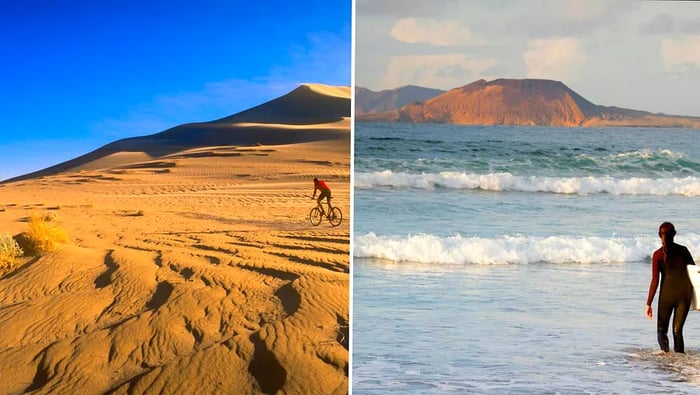 A man rides a bike through the desert; a woman carrying a surfboard walks into the waves.