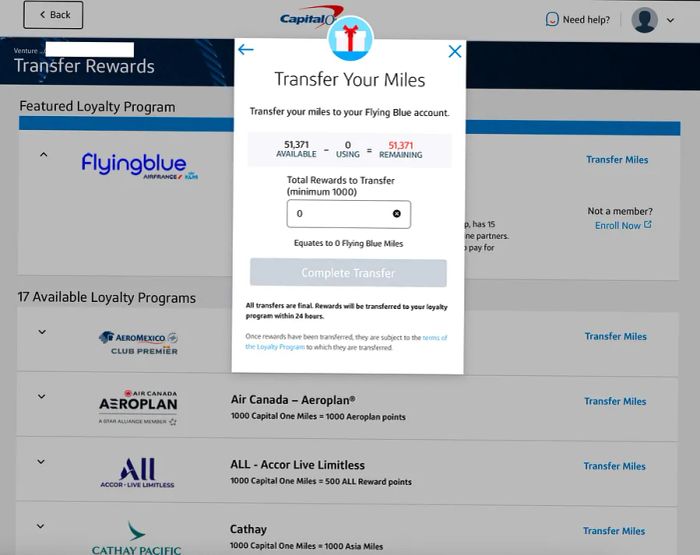 Capital One transfer miles step five