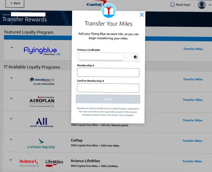 Capital One transfer miles step four