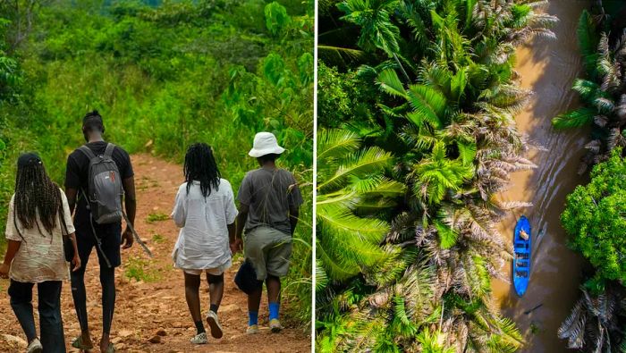 Hikers stroll among the trees in Ghana, while a blue boat glides along a tropical river in the Mekong Delta.