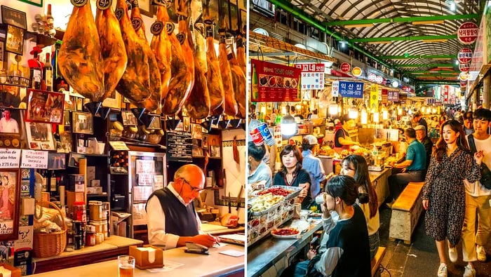 A man stands at a tapas bar adorned with iberico ham above him; a young couple strolls through a bustling food market in Seoul.