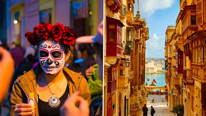 A woman adorned for the Day of the Dead celebrations in Oaxaca; meander through the charming streets of Valletta.