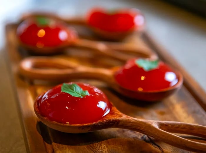 Wooden spoons holding red jelly blobs garnished with herbs.