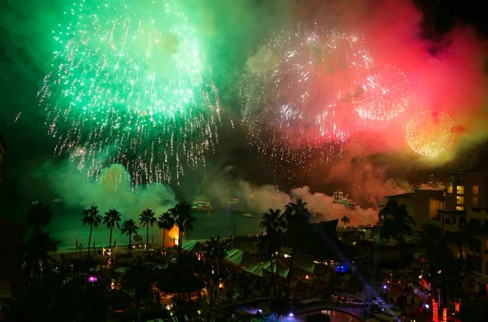 Fireworks light up Medano Beach during a New Year’s celebration in Cabo San Lucas, Baja California Sur, Mexico