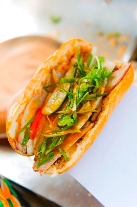 A banh mi generously topped with chile sauce, showcasing cucumbers, scallions, and sliced meats.