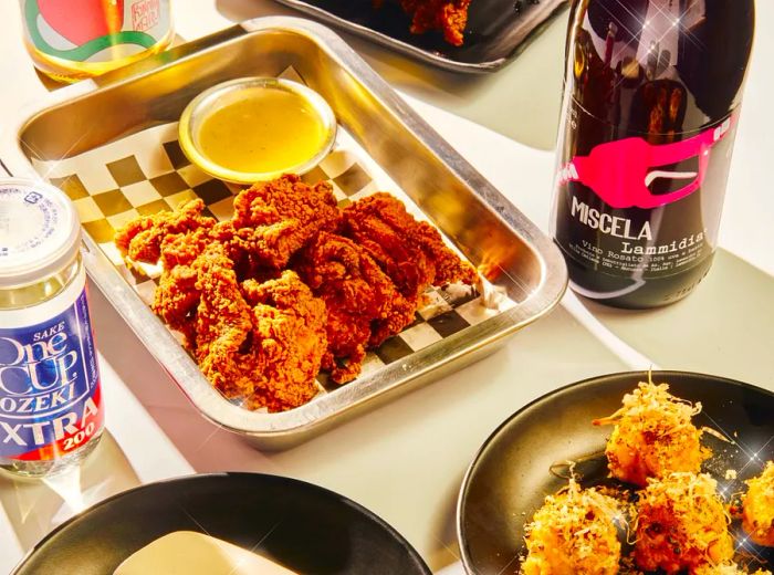 A serving of fried chicken accompanied by dipping sauce on a metal tray, along with a bao sandwich and an assortment of small bites.