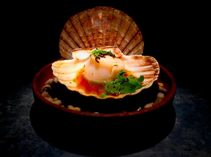 A beautifully presented large scallop still in its shell.