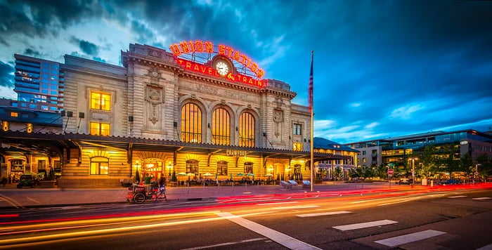 A long exposure photograph of Union Station at twilight