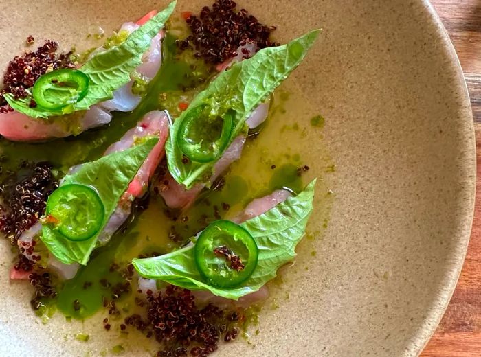 Delicate slices of crudo garnished with herbs and pepper slices.