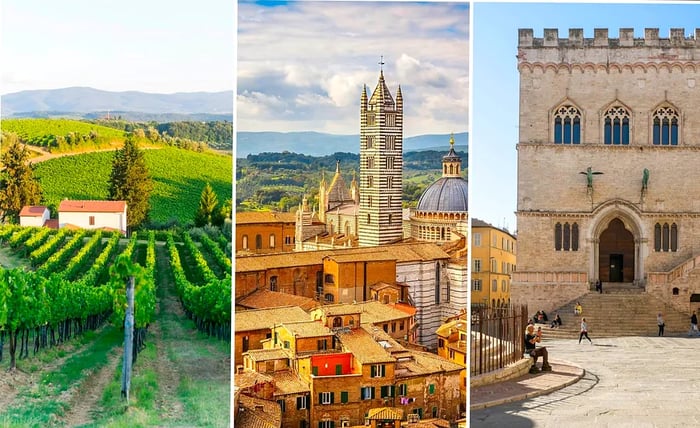 Left: a scenic view of Chianti vineyards; center: a tall striped bell tower; right: a historic town square