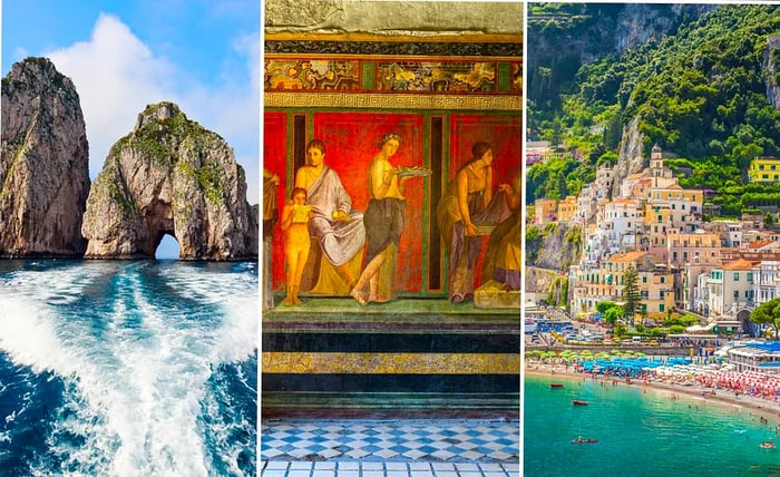 Left: a natural sea arch; center: ancient frescoes alongside a tiled floor; right: a view of a coastal town with a quaint beach