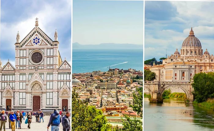 Left: the façade of a church; center: a charming seaside town with red rooftops; right: an intricately domed church by a river