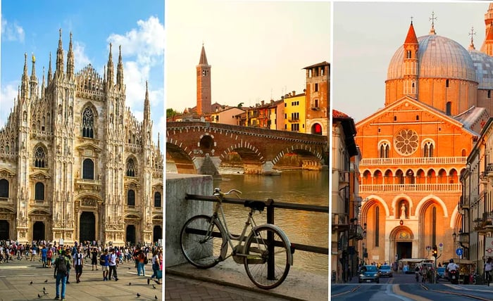 Left: An ornate historic cathedral; center: a bridge spanning a river; right: a domed church