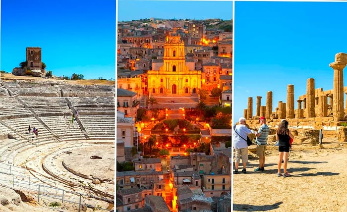 Left: An ancient amphitheater; middle: a nighttime view of the illuminated church; right: visitors marvel at historic ruins.