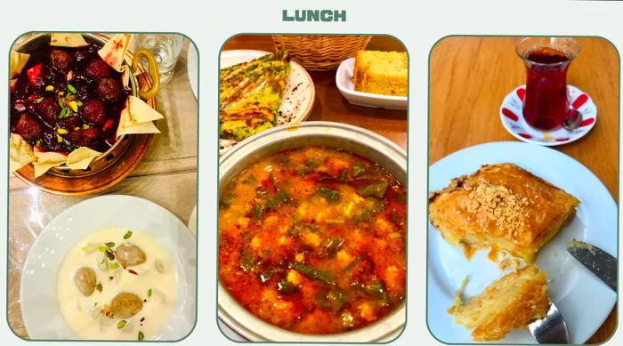 Left: meatballs in a rich sauce; center: a hearty vegetable stew; right: a pastry paired with a glass of tea