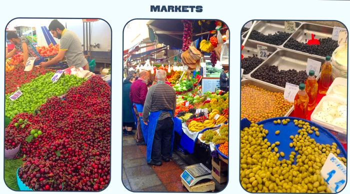 Left: a market vendor leans over a selection of cherries and other fresh produce; center: market stalls brimming with fruit; right: olives arranged in individual containers.