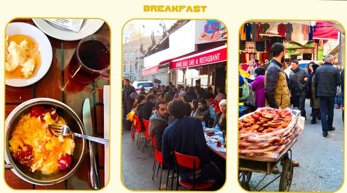 Left: a hearty breakfast plate with eggs and sausage; center: patrons enjoying their meals at a cafe; right: a street vendor pushing a cart filled with pretzel-shaped bread