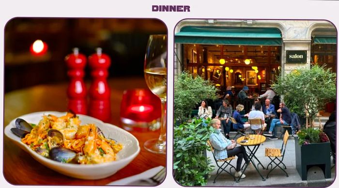 Left: a shellfish dish accompanied by a glass of wine; right: diners enjoying the outdoors on a restaurant terrace