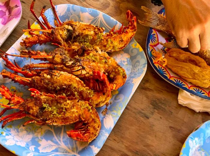 Dishes featuring shrimp and fish.