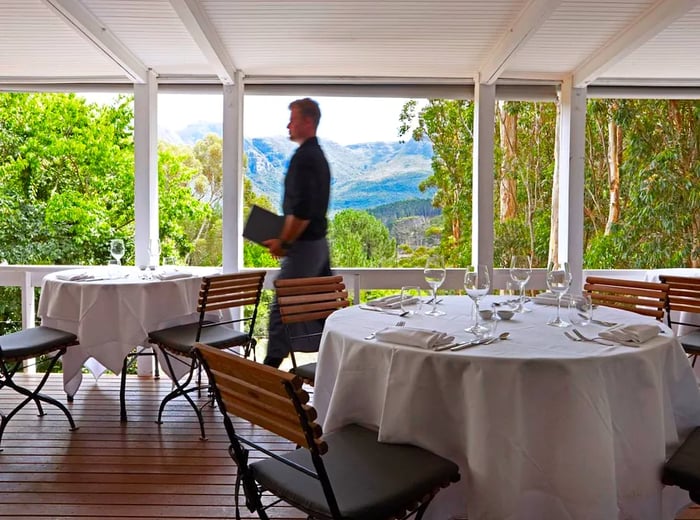 A silhouetted server glides past vacant tables in a sunlit dining room featuring expansive windows that frame views of towering trees, valleys, and distant mountains.