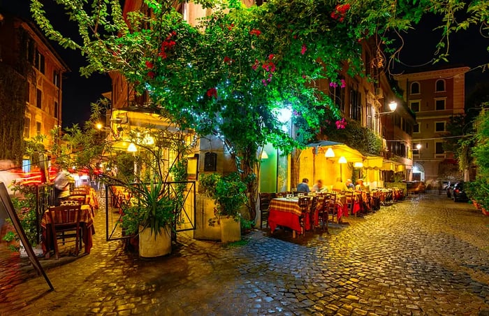 Lush greenery adorns the charming brick walls of a cozy street in Trastevere at night.