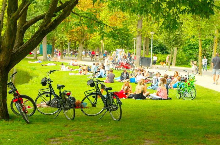 People enjoying the sun on the grass at Vondelpark, Amsterdam, the Netherlands