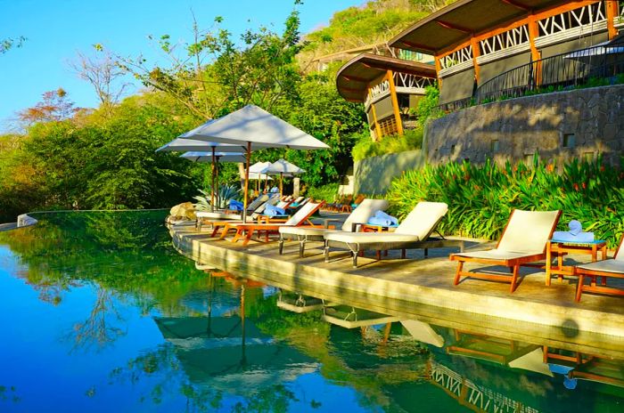 Sun loungers line the pool at an exclusive resort nestled in the jungle.