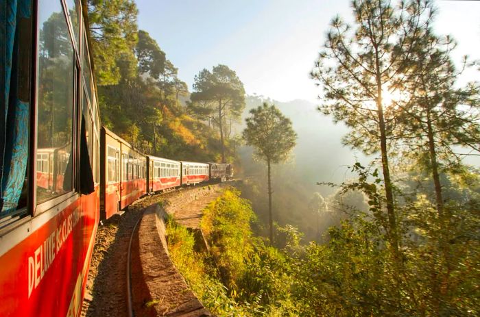 The Shivalik Deluxe Express train from Kalka to Shimla winds around scenic corners, offering breathtaking views as it hugs the mountainside and traverses through lush forests.