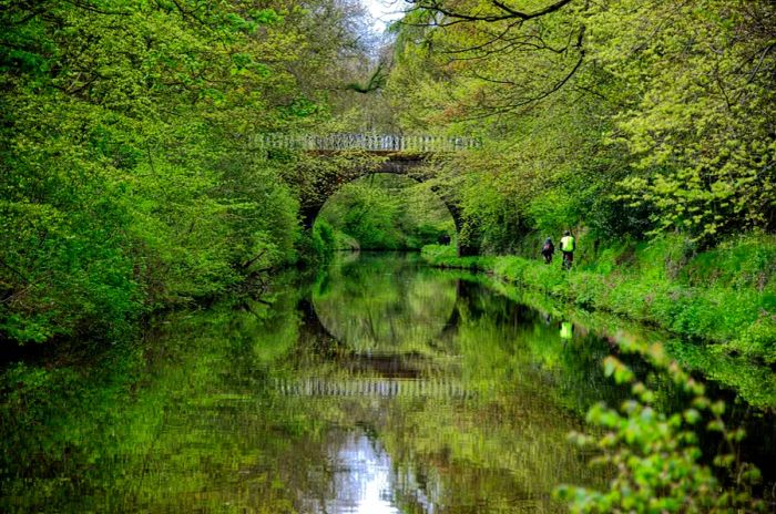 Two cyclists pedal along a canal towpath surrounded by lush greenery, with a bridge reflected in the water.