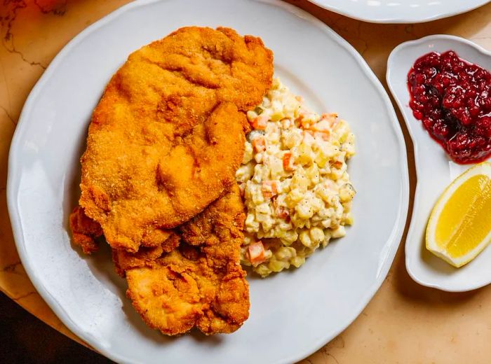 Two large pieces of schnitzel accompanied by a fresh side salad.