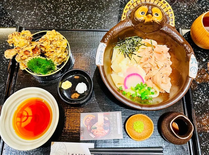 A beautifully arranged bowl of udon brimming with slices of meat and vegetables, elegantly served on a tray accompanied by sauces and grated toppings in small dishes.