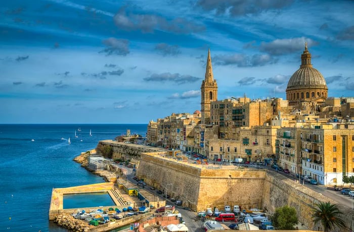 A view of Valletta and Marsamxett in Malta on a sunny autumn day